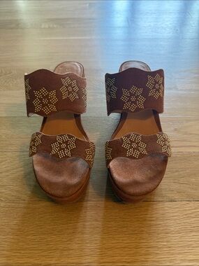 Jack Rogers Brown Suede Slide Sandals with Gold Stud Detail